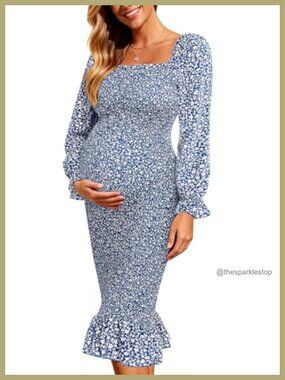Maternity Midi Dress Long Puff Sleeve Square Neck Smocked Ruffle Hem